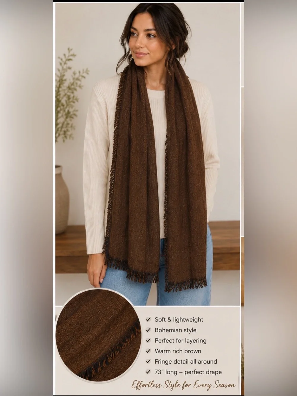 Bohemian Scarf Gorgeous brown. 23”x73” beautiful shape.